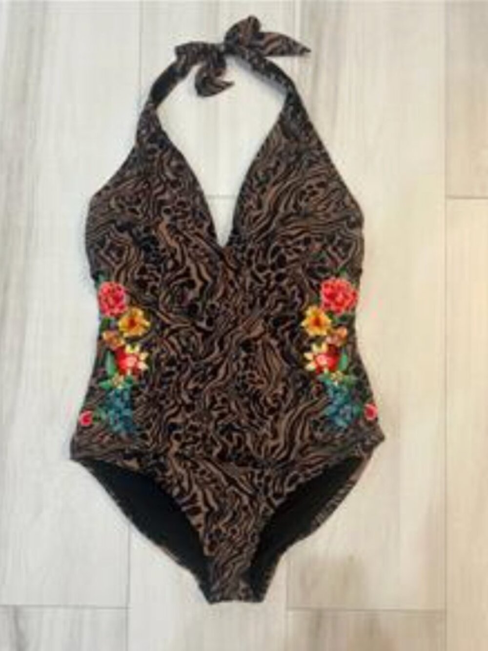 Johnny Was Embroidered Halter Animal Print One Piece Swimsuit NWT